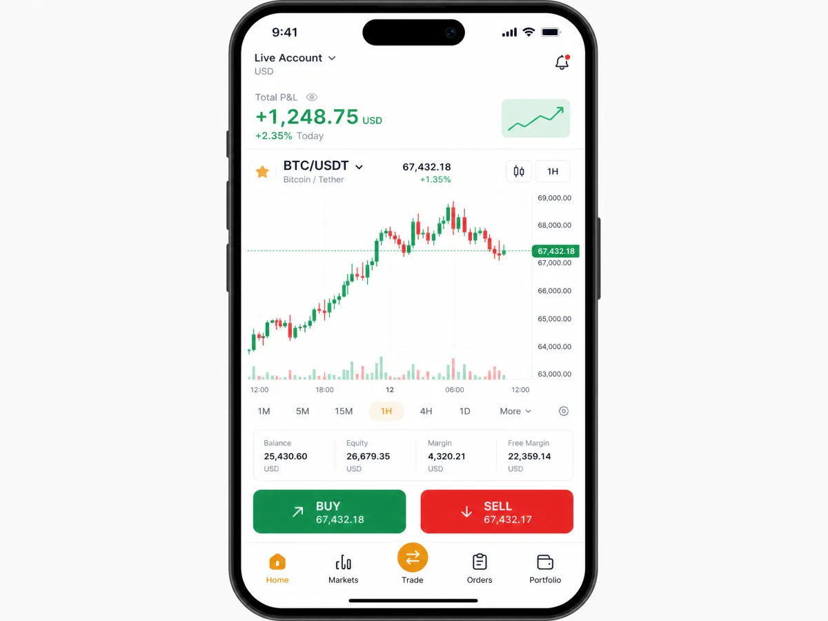 Qevzory7 — pantallas de la app de trading móvil
